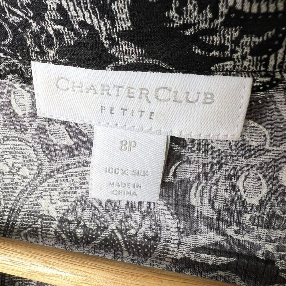 Charter Club Blouse Womens Size 8P Black Sheer Paisley Floral 100% Silk Goth - Picture 2 of 16